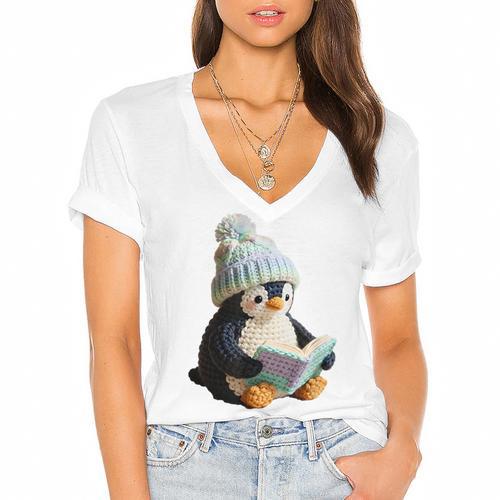 Cute Penguin Reading Book Faux-Crochet Print Women's Jersey Short Sleeve Deep V-Neck Tshirt - Bookorys