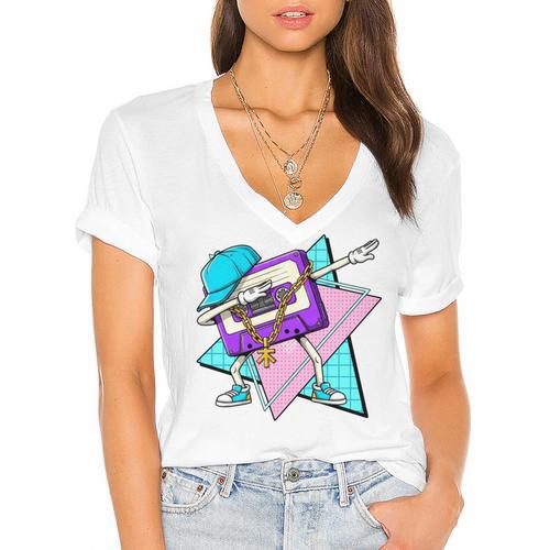 Dabbing Cassette Tape 70s 80s 80s Outfit Nostalgia Women's Jersey Short Sleeve Deep V-Neck Tshirt - Figerry