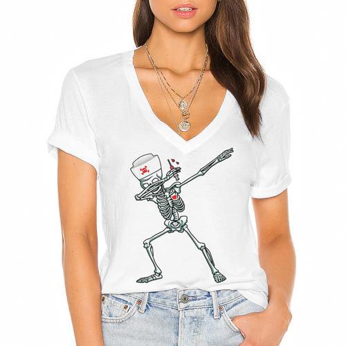 Dabbing Skeleton Nurse Halloween Graduation Women's Jersey Short Sleeve Deep V-Neck Tshirt				 - Best Gift Smart