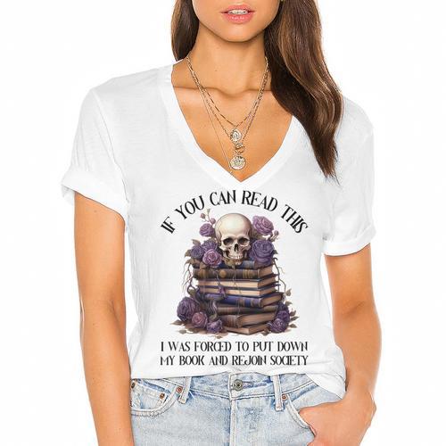 Dark Romance Merch I Put Down My Book Lover Spicy Skeleton Women's Jersey Short Sleeve Deep V-Neck Tshirt				 - Bookorys DE