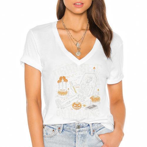 Dead Set On Reading Skeleton Halloween Book Lover Women's Jersey Short Sleeve Deep V-Neck Tshirt				 - Bookorys