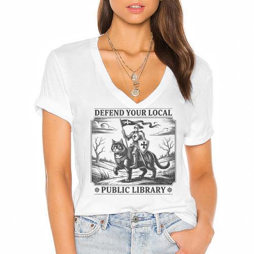 Defend Your Local Public Library Cat Knight Book Lover Women's Jersey Short Sleeve Deep V-Neck Tshirt - Bookorys