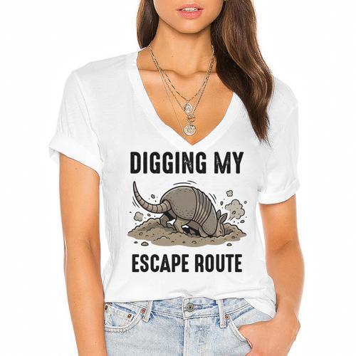 Digging My Escape Route Armadillo Introvert Humor Women's Jersey Short Sleeve Deep V-Neck Tshirt - Raresse