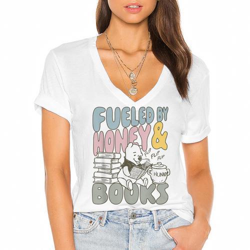 Disney Winnie The Pooh Fueled By Honey & Books Sketch Women's Jersey Short Sleeve Deep V-Neck Tshirt - Bookorys CA