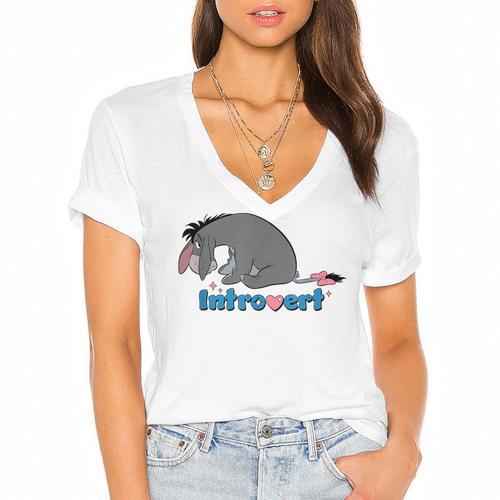 Disney Winnie The Pooh Introvert Eeyore Logo Women's Jersey Short Sleeve Deep V-Neck Tshirt - Raresse