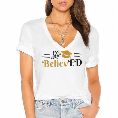 Doctor Of Education She BelievED EdD Graduation Women's Jersey Short Sleeve Deep V-Neck Tshirt				 - Best Gift Smart