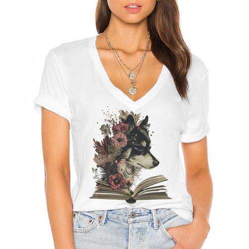 Dog Book Flower Women's Jersey Short Sleeve Deep V-Neck Tshirt - Bookorys AU