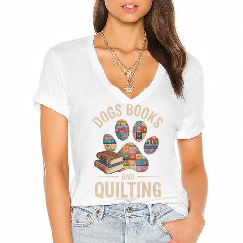 Dogs Books And Quilting Women's Jersey Short Sleeve Deep V-Neck Tshirt - Bookorys AU