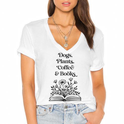 Dogs Plants Coffee Books Book Lover Dog Lover Reading Women's Jersey Short Sleeve Deep V-Neck Tshirt				 - Bookorys