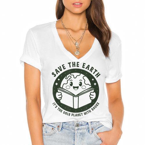 Earth Day 2025 Save Earth It´s Only Planet With Books Reader Women's Jersey Short Sleeve Deep V-Neck Tshirt				 - Bookorys DE