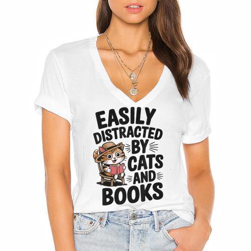 Easily Distracted By Cats And Books Lovers Reading Women's Jersey Short Sleeve Deep V-Neck Tshirt - Bookorys