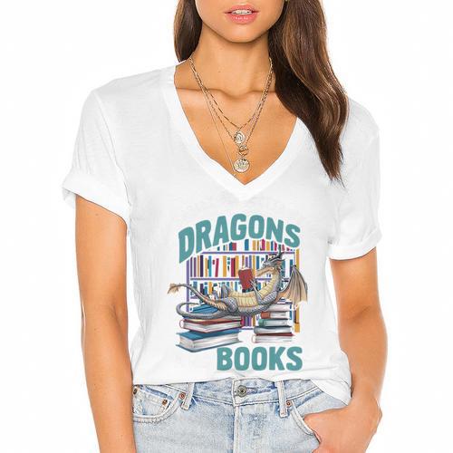 Easily Distracted By Dragons And Books Bookworm Women's Jersey Short Sleeve Deep V-Neck Tshirt - Bookorys AU