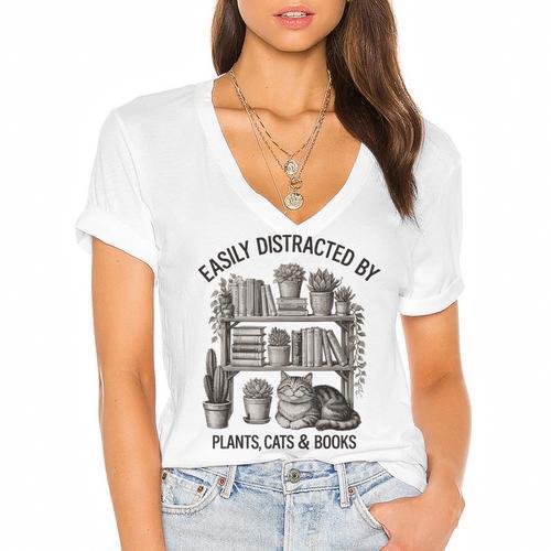 Easily Distracted By Plants Cats & Books Planting Gardening Women's Jersey Short Sleeve Deep V-Neck Tshirt				 - Bookorys
