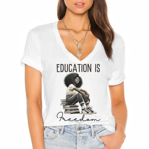 Education Is Freedom Teacher Women Books Black History Women's Jersey Short Sleeve Deep V-Neck Tshirt - Bookorys AU