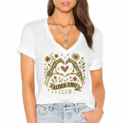 Elder Emo Club Skeleton Hands Heart Nostalgia Premium Tri-Blend Women's Jersey Short Sleeve Deep V-Neck Tshirt - Figerry