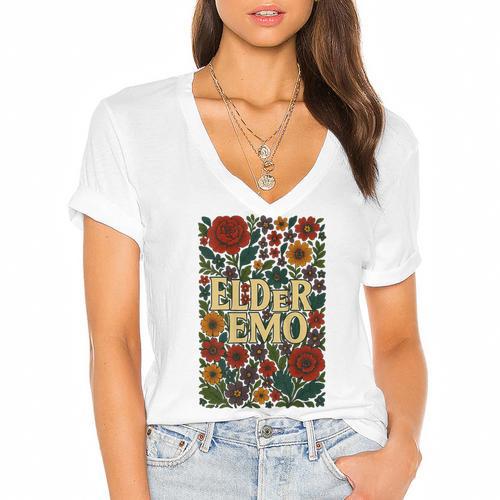 Elder Emo Floral Gothic Vintage Nostalgia Women's Jersey Short Sleeve Deep V-Neck Tshirt - Figerry