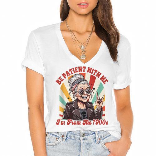 Elder Emo Grandma Nana Be Patient With Me I'm From The 1900s Women's Jersey Short Sleeve Deep V-Neck Tshirt				 - Figerry