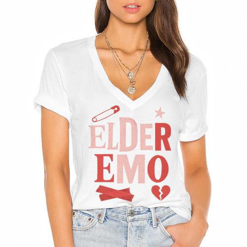 Elder Emo Retro Punk Typography Nostalgia Women's Jersey Short Sleeve Deep V-Neck Tshirt				 - Figerry