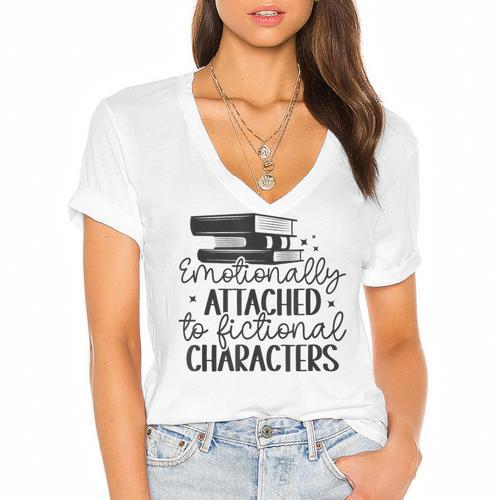 Emotionally Attached To Fictional Characters Banned Books Women's Jersey Short Sleeve Deep V-Neck Tshirt				 - Bookorys DE