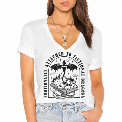 Emotionally Attached To Fictional Dragons Books Lover Women's Jersey Short Sleeve Deep V-Neck Tshirt				 - Bookorys DE