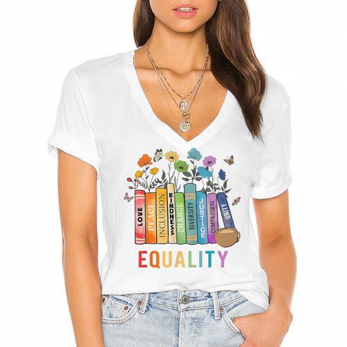Equal Rights Book Flower Equality Peace Love Kindness Book Women's Jersey Short Sleeve Deep V-Neck Tshirt				 - Bookorys