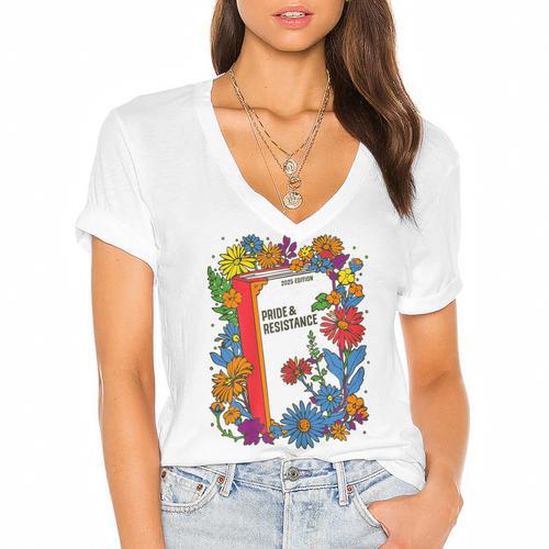 Equal Rights Book Flower Resist Feminist LGBTQ Floral Women's Jersey Short Sleeve Deep V-Neck Tshirt				 - Bookorys CA