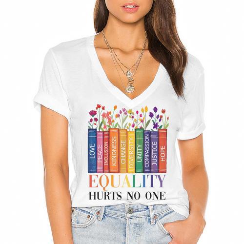 Equality Hurts No One LGBTQ Pride Books And Flowers Women's Jersey Short Sleeve Deep V-Neck Tshirt - Bookorys