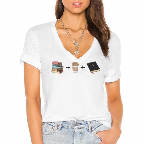 Everything a Girl Needs Books Coffee Jesus Women's Jersey Short Sleeve Deep V-Neck Tshirt				 - Bookorys AU