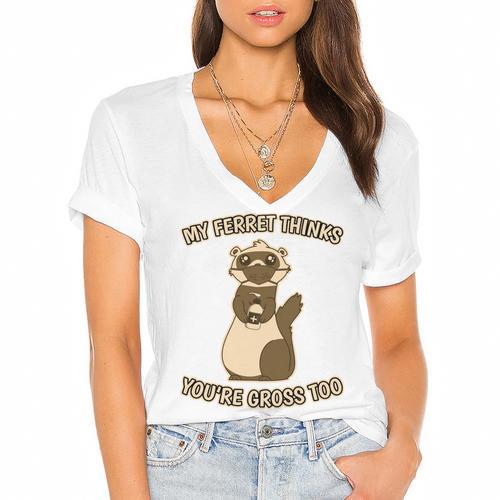 Ew People Ferret Saying Mask Introvert Ferrets Women's Jersey Short Sleeve Deep V-Neck Tshirt - Raresse