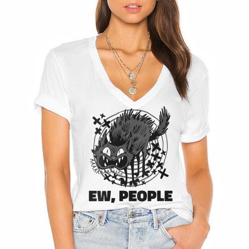 Ew People Introvert Cat Lover Crazy Cats Lady Women's Jersey Short Sleeve Deep V-Neck Tshirt - Raresse