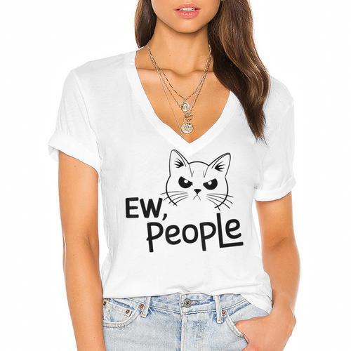 Ew People Introverts Stay Home Socially Awkward Women's Jersey Short Sleeve Deep V-Neck Tshirt - Raresse