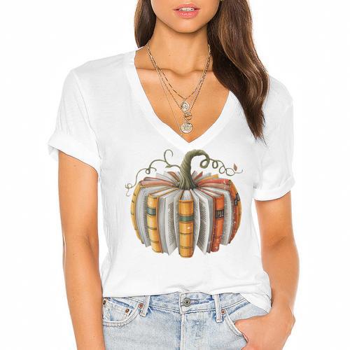 Fall Book Pumpkin Fall Librarians Bookworm Teachers Students Women's Jersey Short Sleeve Deep V-Neck Tshirt				 - Bookorys
