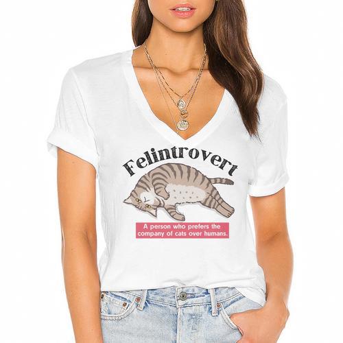 Felinetrovert CAT Lover Kitten CATS Funny Meme Introvert Pet Women's Jersey Short Sleeve Deep V-Neck Tshirt				 - Raresse