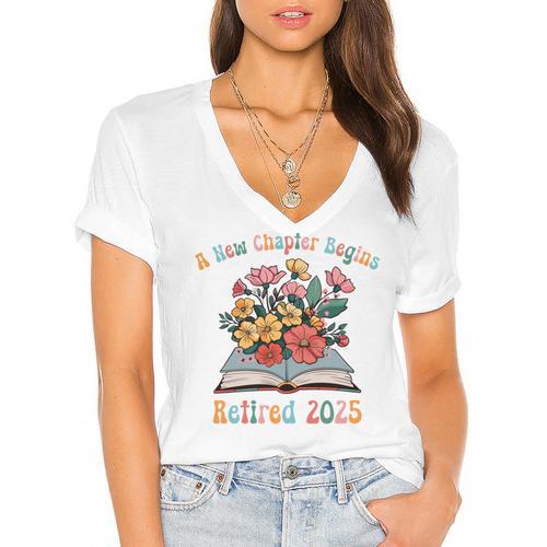 Floral Book Officially Retired 2025 A New Chapter Begins Women's Jersey Short Sleeve Deep V-Neck Tshirt				 - Bookorys