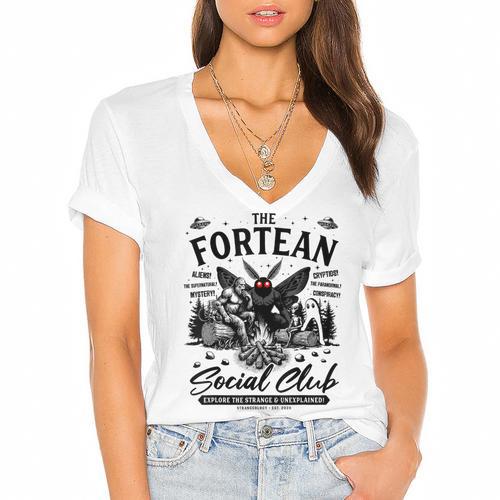 Fortean Social Club Bigfoot Mothman Alien Cryptid Introvert Women's Jersey Short Sleeve Deep V-Neck Tshirt				 - Raresse