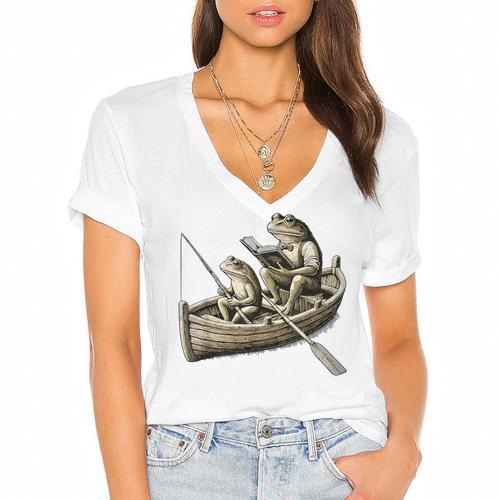 Frog Frogs Fishing & Book Vintage Classic Cottagecore Frog Women's Jersey Short Sleeve Deep V-Neck Tshirt				 - Bookorys