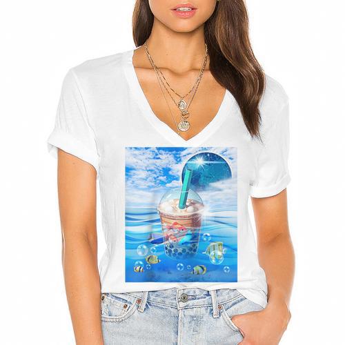 Frutiger Aero Aesthetic Tech Bubble Tea Boba Milktea Fishes Raglan Baseball Tee Women's Jersey Short Sleeve Deep V-Neck Tshirt - Figerry