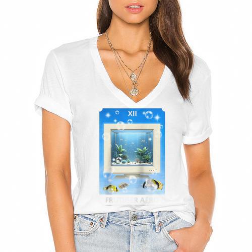 Frutiger Aero Aesthetic Tech Computer Aquarium Tarot Card Raglan Baseball Tee Women's Jersey Short Sleeve Deep V-Neck Tshirt - Figerry