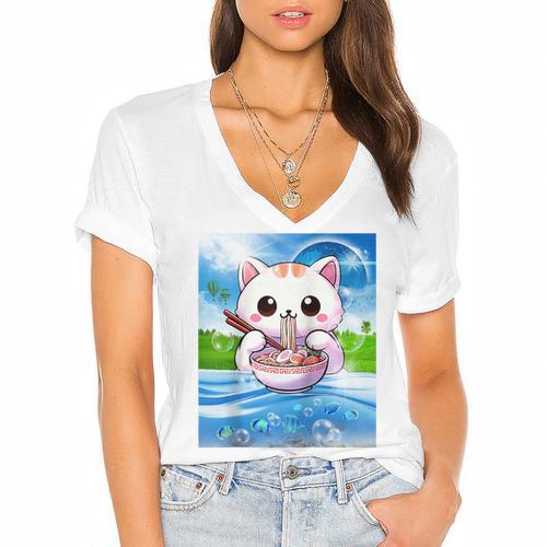 Frutiger Aero Aesthetic Tech Kawaii Ramen Cat Fishes Raglan Baseball Tee Women's Jersey Short Sleeve Deep V-Neck Tshirt - Figerry