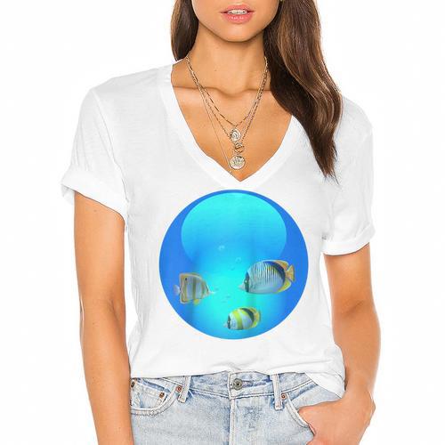 Frutiger Aero Aesthetic Tech Orb Fishes Raglan Baseball Tee Women's Jersey Short Sleeve Deep V-Neck Tshirt				 - Figerry