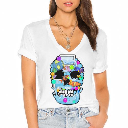 Frutiger Aero Aesthetic Tech Skull Computer Fishes Women's Jersey Short Sleeve Deep V-Neck Tshirt - Figerry