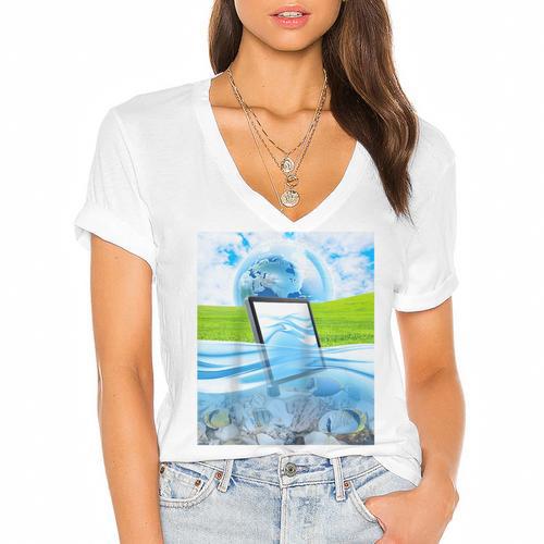 Frutiger Aero Aesthetic Tech Water Fishes Monitor Screen Raglan Baseball Tee Women's Jersey Short Sleeve Deep V-Neck Tshirt - Figerry