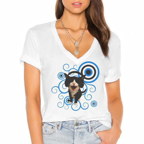 Frutiger Aero Cat Meme Headphone Kitty Cat Lover Women's Jersey Short Sleeve Deep V-Neck Tshirt				 - Figerry