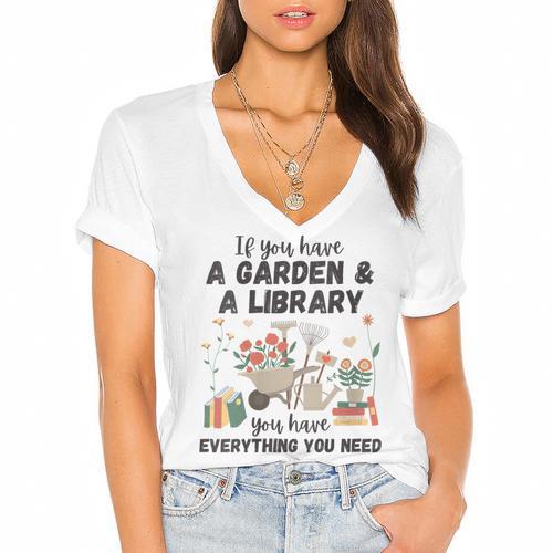 Gardening & Library Lover Books Reading Plants Cute Women's Jersey Short Sleeve Deep V-Neck Tshirt				 - Bookorys