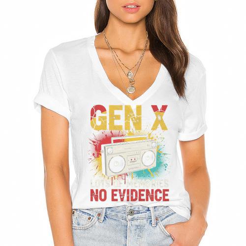 Gen X Lots Of Memories No Evidence Retro Nostalgia Humor Women's Jersey Short Sleeve Deep V-Neck Tshirt				 - Figerry
