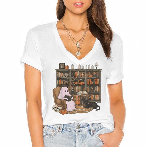 Ghost Reading Book Cat Lover Halloween Reading Enthusiast Women's Jersey Short Sleeve Deep V-Neck Tshirt				 - Bookorys DE