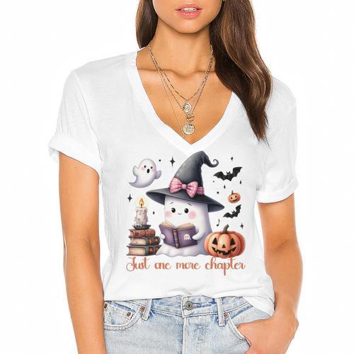 Ghost Reading Book Coquette Bow Halloween Girl Toddler Kid Premium Women's Jersey Short Sleeve Deep V-Neck Tshirt				 - Bookorys