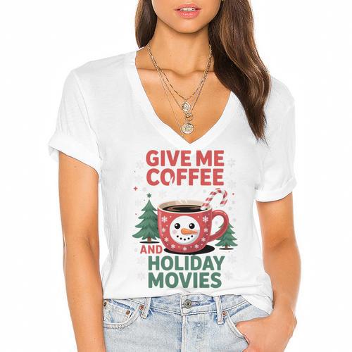Give Me Coffee And Holiday Movies Introvert Christmas Women's Jersey Short Sleeve Deep V-Neck Tshirt - Raresse