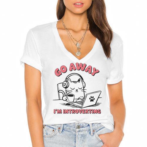 Go Away I´m Introverting Stay Home Socially Awkward Women's Jersey Short Sleeve Deep V-Neck Tshirt - Raresse
