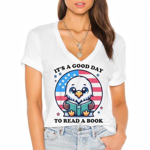 A Good Day To Read a Book Reading Eagle With American Flag Women's Jersey Short Sleeve Deep V-Neck Tshirt				 - Bookorys